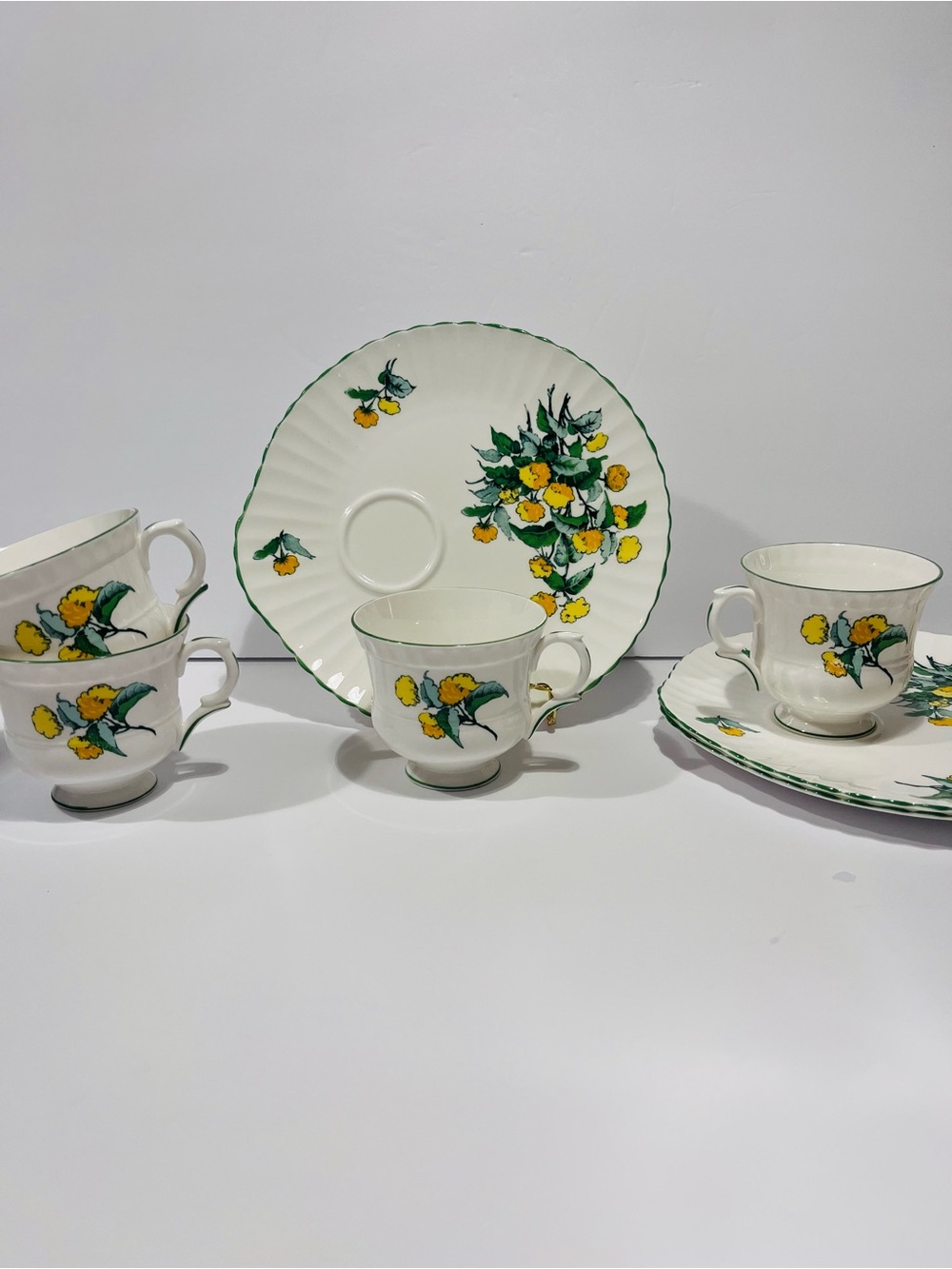 Antique Staffordshire Cornwall 3 Snack Trays & 4 Tea Cups Bone China England.